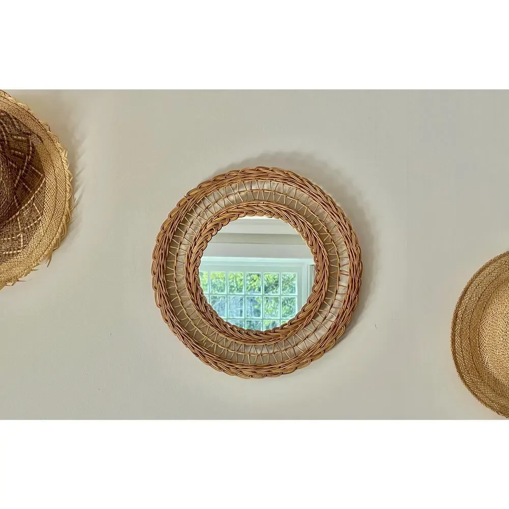Vintage French Rattan Bamboo Pineapple Mirror 60s Natural Handmade Chic Boho